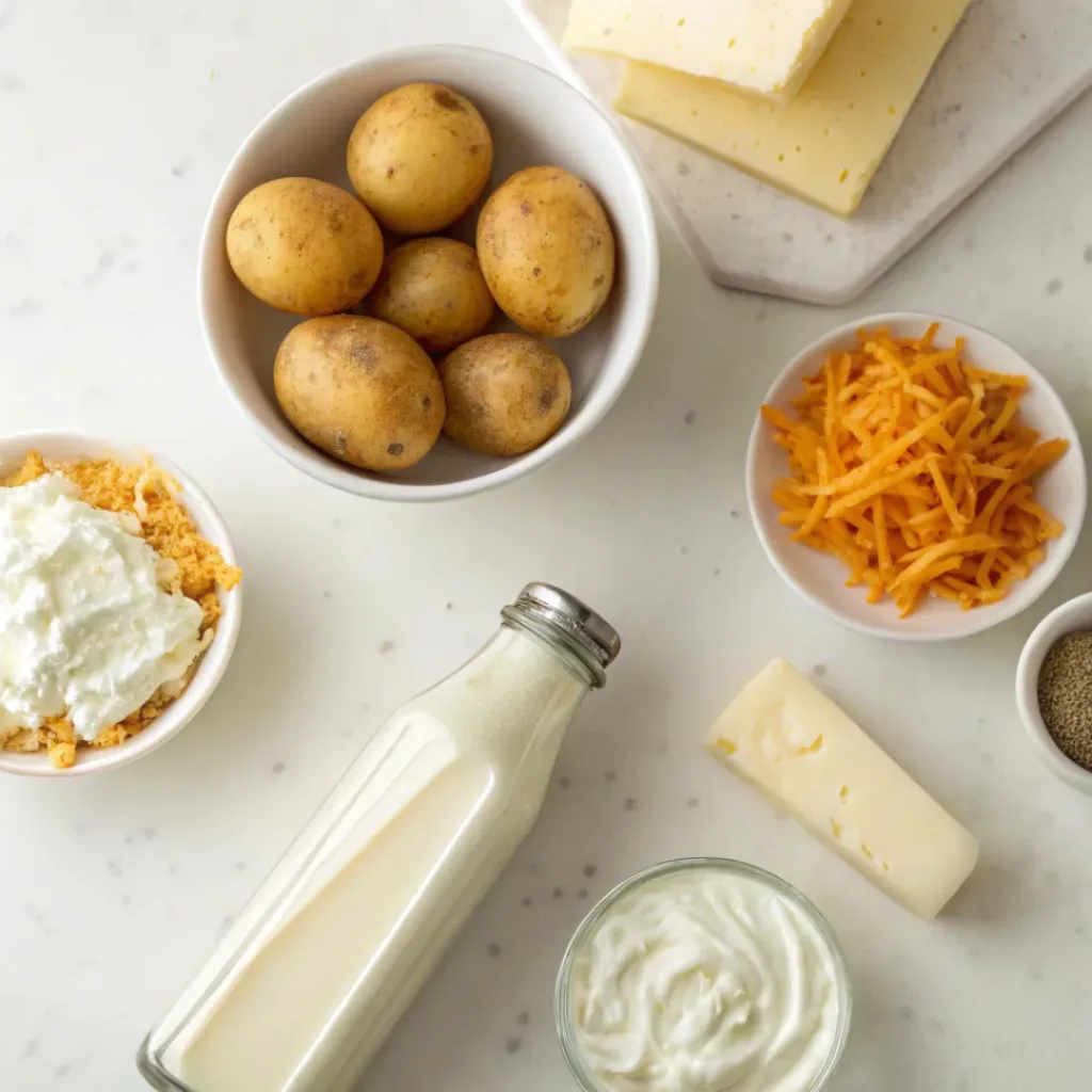 Flat lay of potatoes, butter, cheese, milk, and seasonings