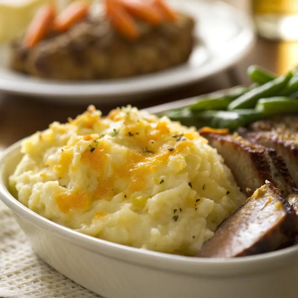 Mashed potato casserole served with roasted meats and vegetables
