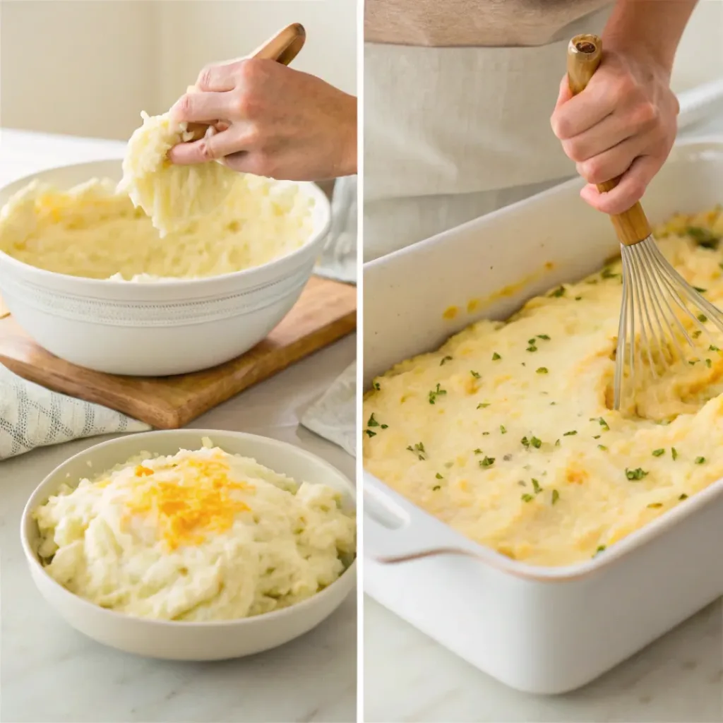 Collage showing steps to make Mashed Potato Casserole