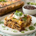 Sliced Mexican Lasagna Casserole on a plate