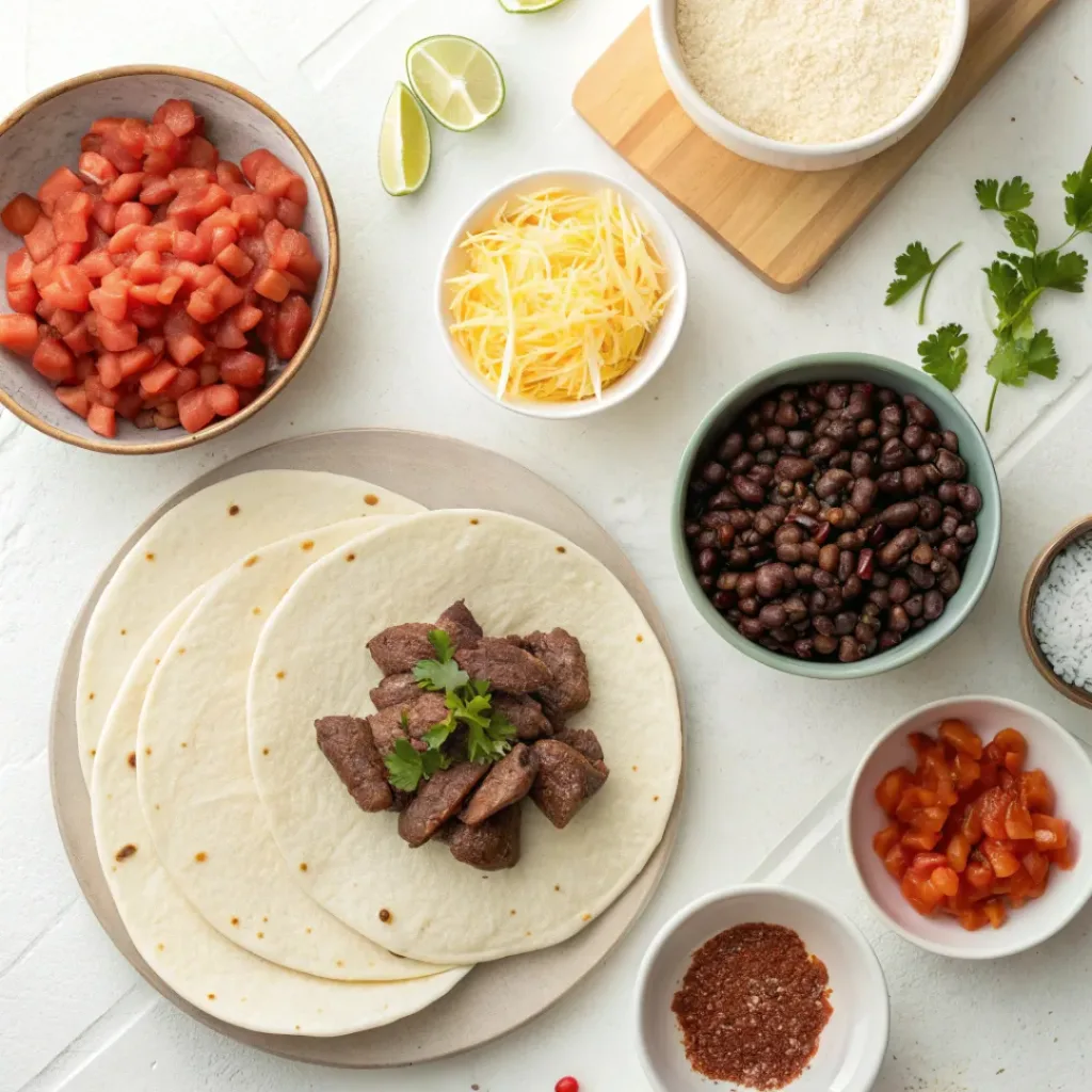 Cheesy Mexican Lasagna Casserole 6 Flat lay of tortillas, meat, beans, cheese, and sauce