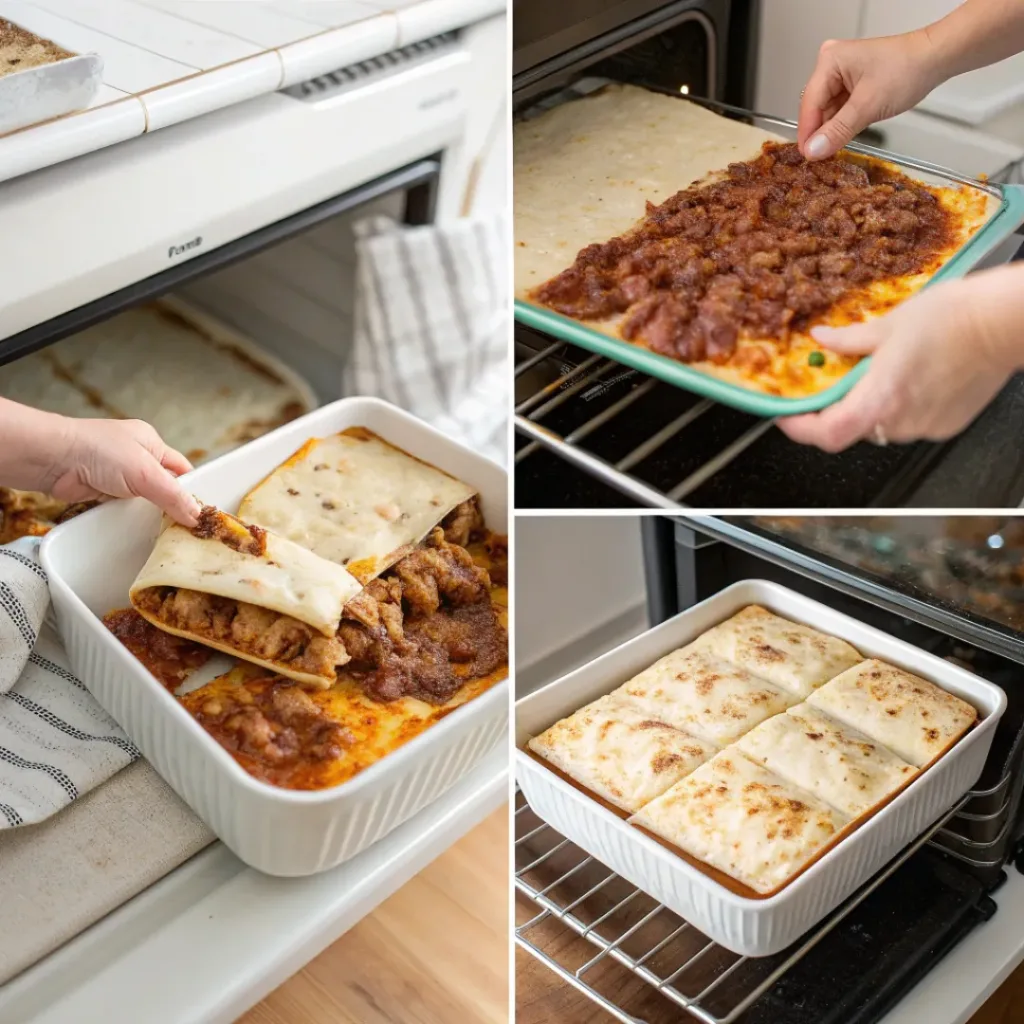 Cheesy Mexican Lasagna Casserole 7 Collage showing steps to make Mexican Lasagna Casserole