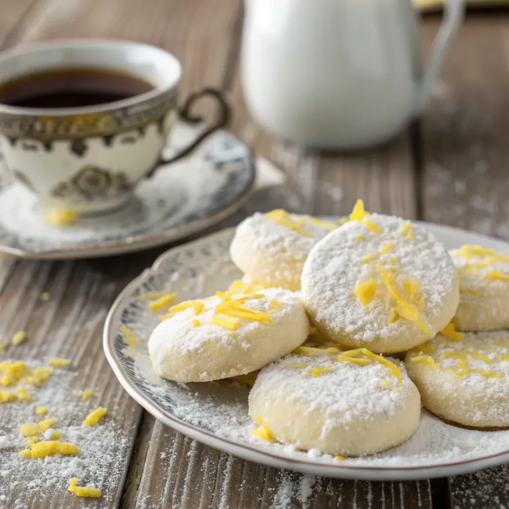 Plated Meyer Lemon Meltaways with a cup of tea