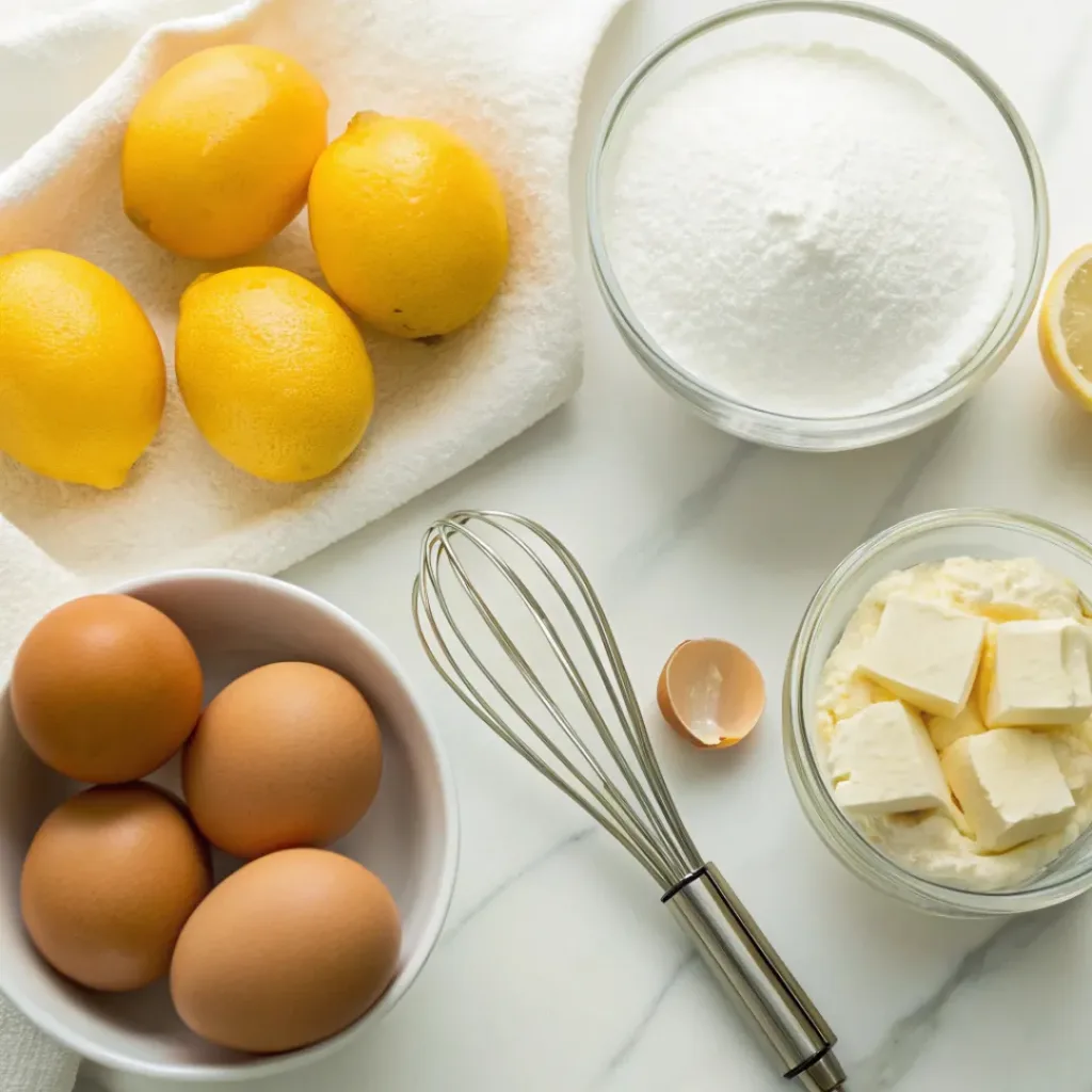 Flat lay of ingredients for Meyer Lemon Pudding including lemons, sugar, eggs, and cream