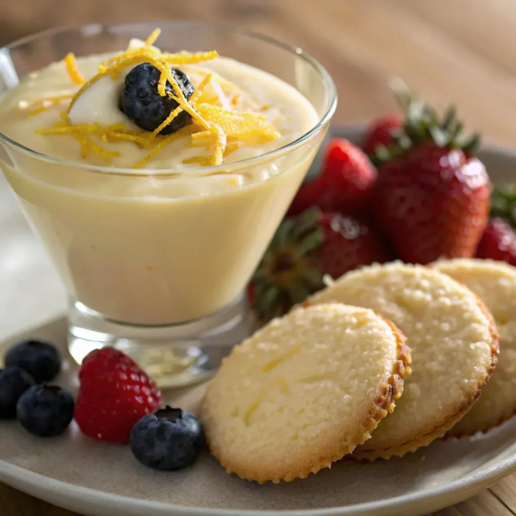 Glass of Meyer Lemon Pudding served with shortbread cookies