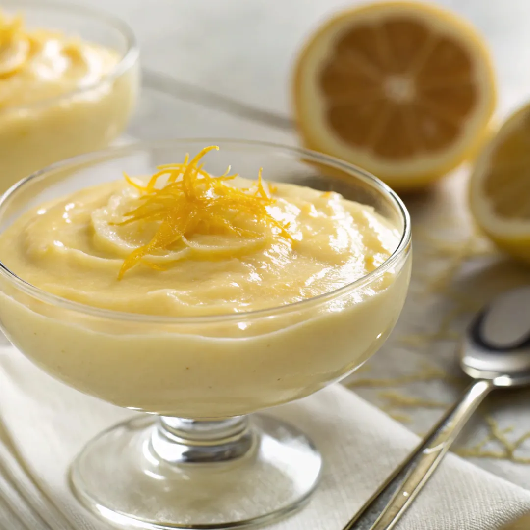 Glass of creamy Meyer Lemon Pudding garnished with lemon zest