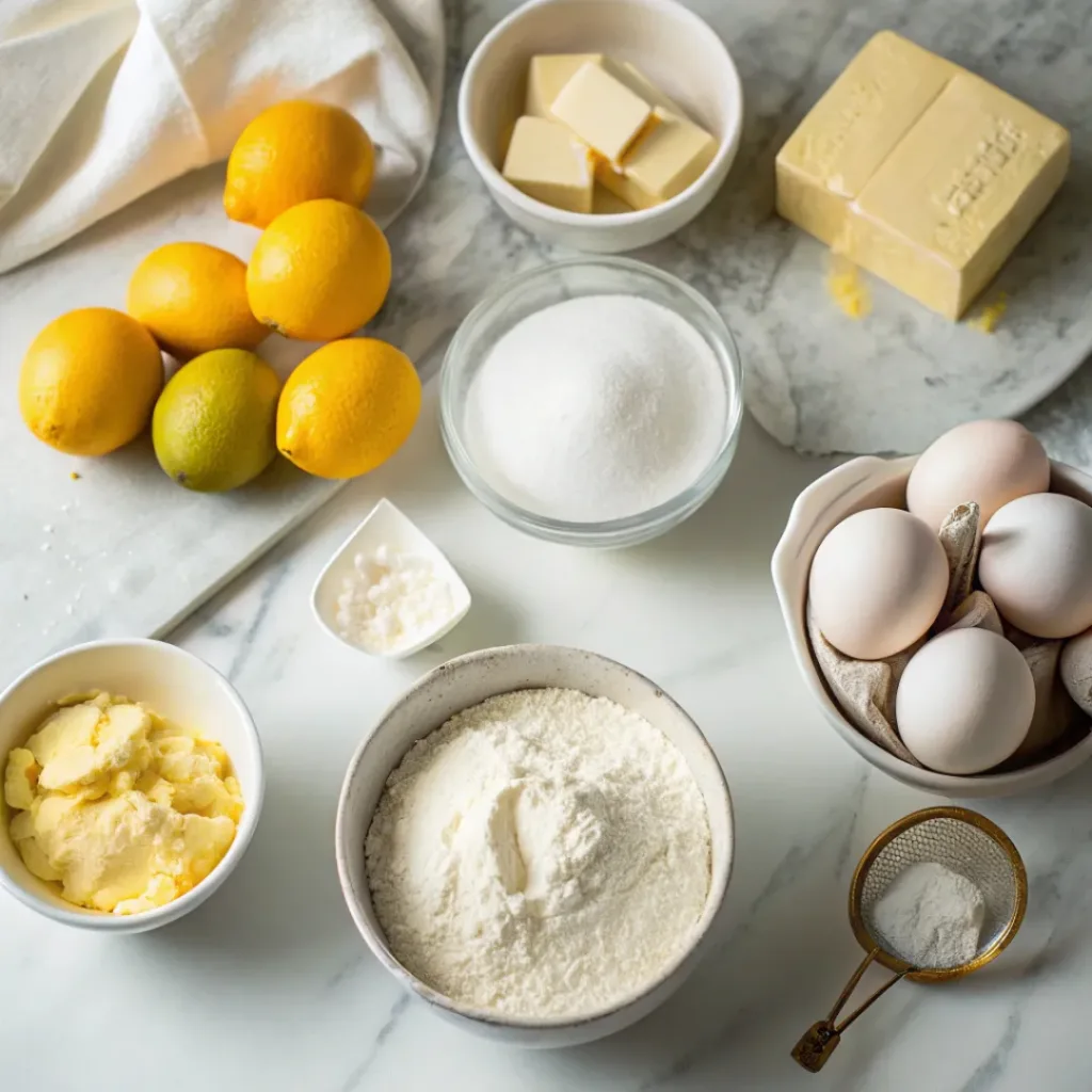 Meyer Lemon Tart – Bright, Buttery & Refreshingly Tangy Dessert 6 Flat lay of ingredients for making a Meyer lemon tart