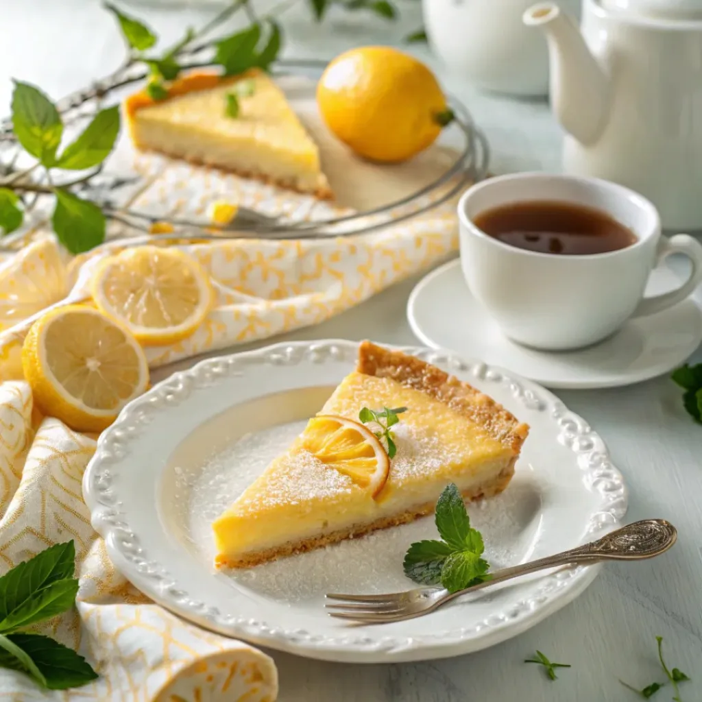 Meyer Lemon Tart – Bright, Buttery & Refreshingly Tangy Dessert 8 Slice of Meyer lemon tart served with a cup of tea
