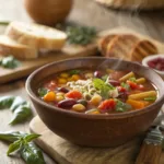 Bowl of minestrone soup with vegetables, beans, and pasta