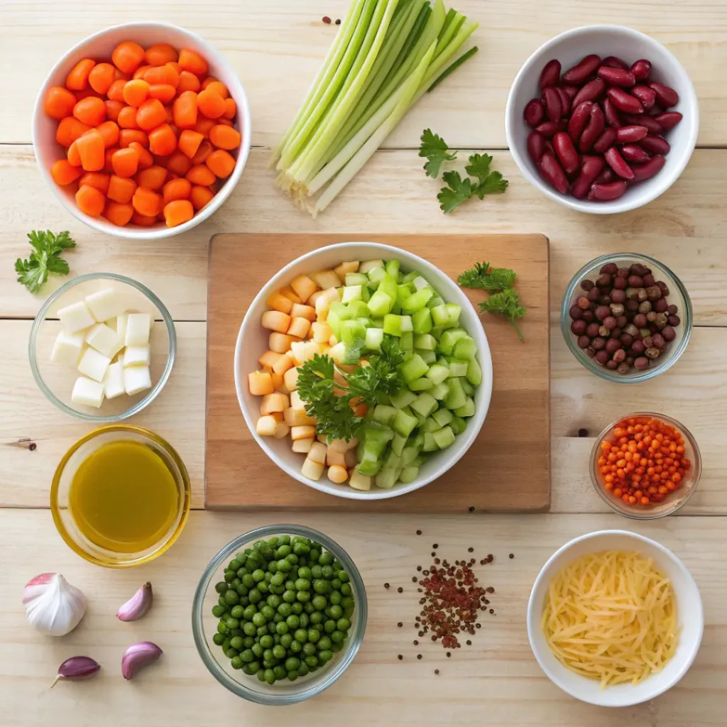 Hearty and Healthy Minestrone Soup 6 Flat lay of fresh vegetables, pasta, and beans for minestrone soup