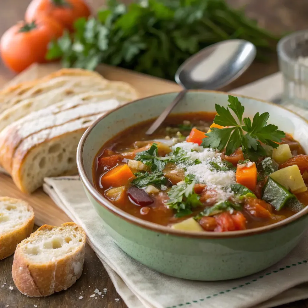Hearty and Healthy Minestrone Soup 8 Bowl of minestrone soup with fresh parsley and a slice of crusty bread