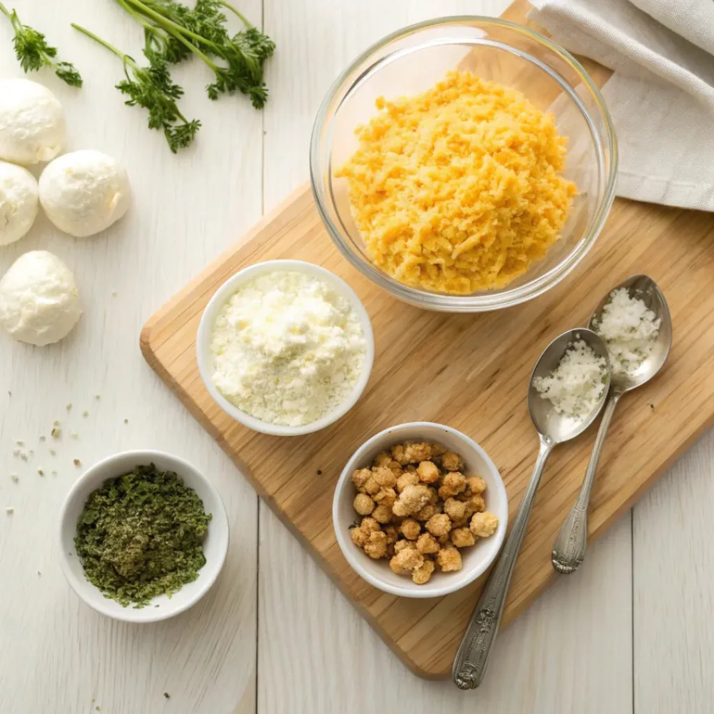 Flat lay of ingredients for mini cheeseball bites including cream cheese, cheddar, herbs, and nuts