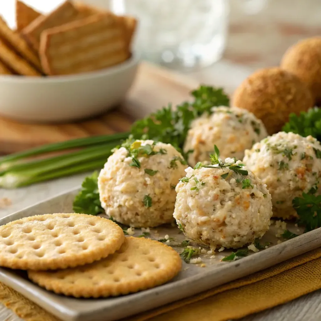 Mini cheeseball bites on a platter with crackers and herbs