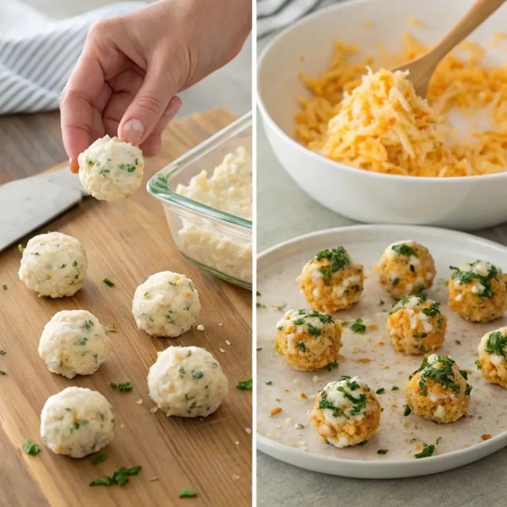 Step-by-step collage showing preparation of mini cheeseball bites
