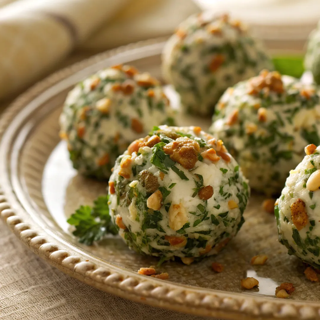Mini cheeseball bites coated with herbs and nuts on a platter