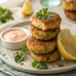 Golden mini crab cakes served with lemon wedges and dipping sauce