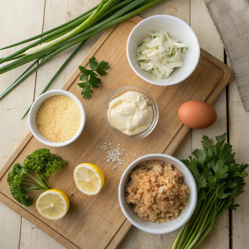 Mini Crab Cakes – Crispy, Flavorful Party Appetizer 6 Flat lay of crab meat, breadcrumbs, egg, and herbs for crab cakes
