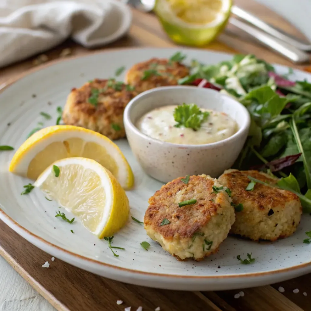 Mini Crab Cakes – Crispy, Flavorful Party Appetizer 8 Mini crab cakes served with dipping sauce and lemon wedges