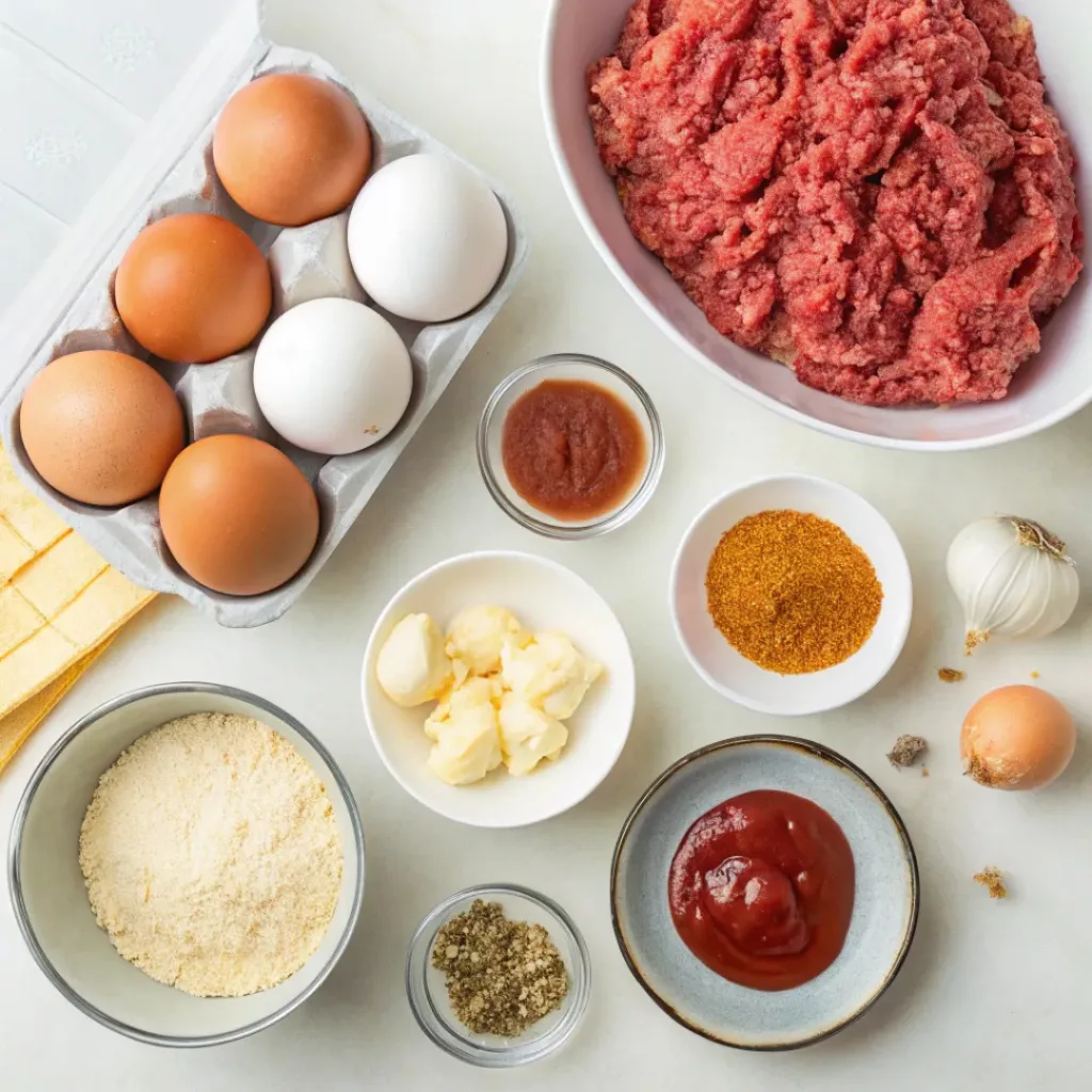 Savory Mini Meatloaf Muffins 6 Flat lay of ground beef, breadcrumbs, eggs, and seasonings