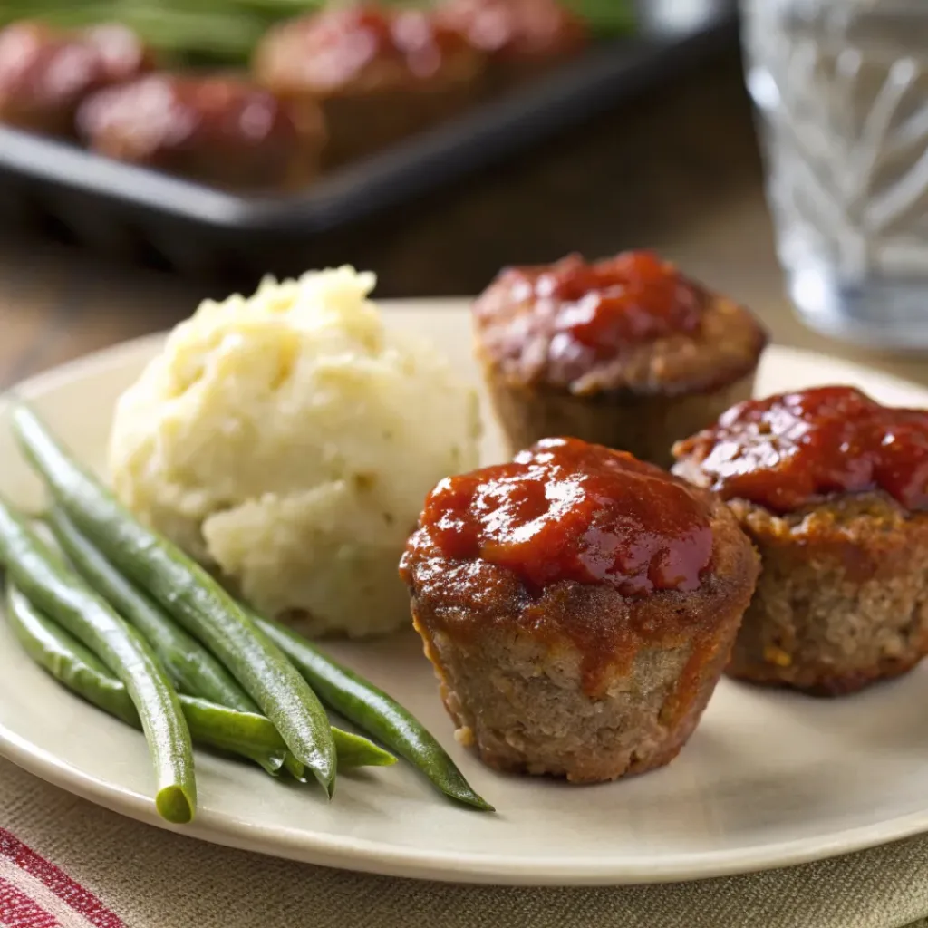 Savory Mini Meatloaf Muffins 8 Mini Meatloaf Muffins served with mashed potatoes and green beans