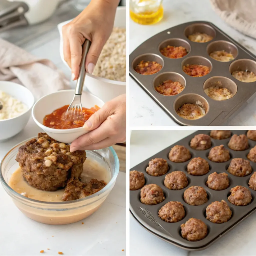 Savory Mini Meatloaf Muffins 7 Collage showing steps to make Mini Meatloaf Muffins