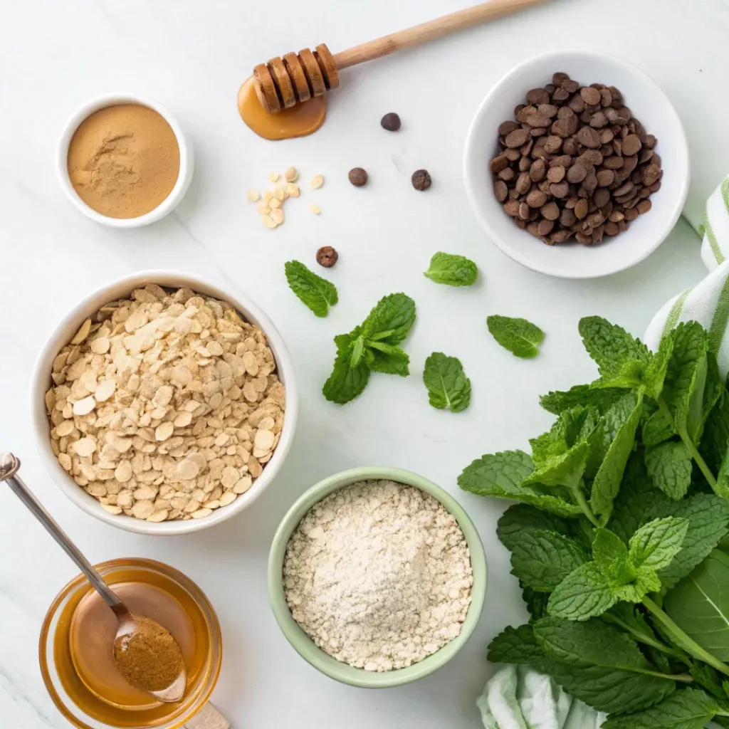 Flat lay of oats, protein powder, chocolate chips, mint, and binding ingredients