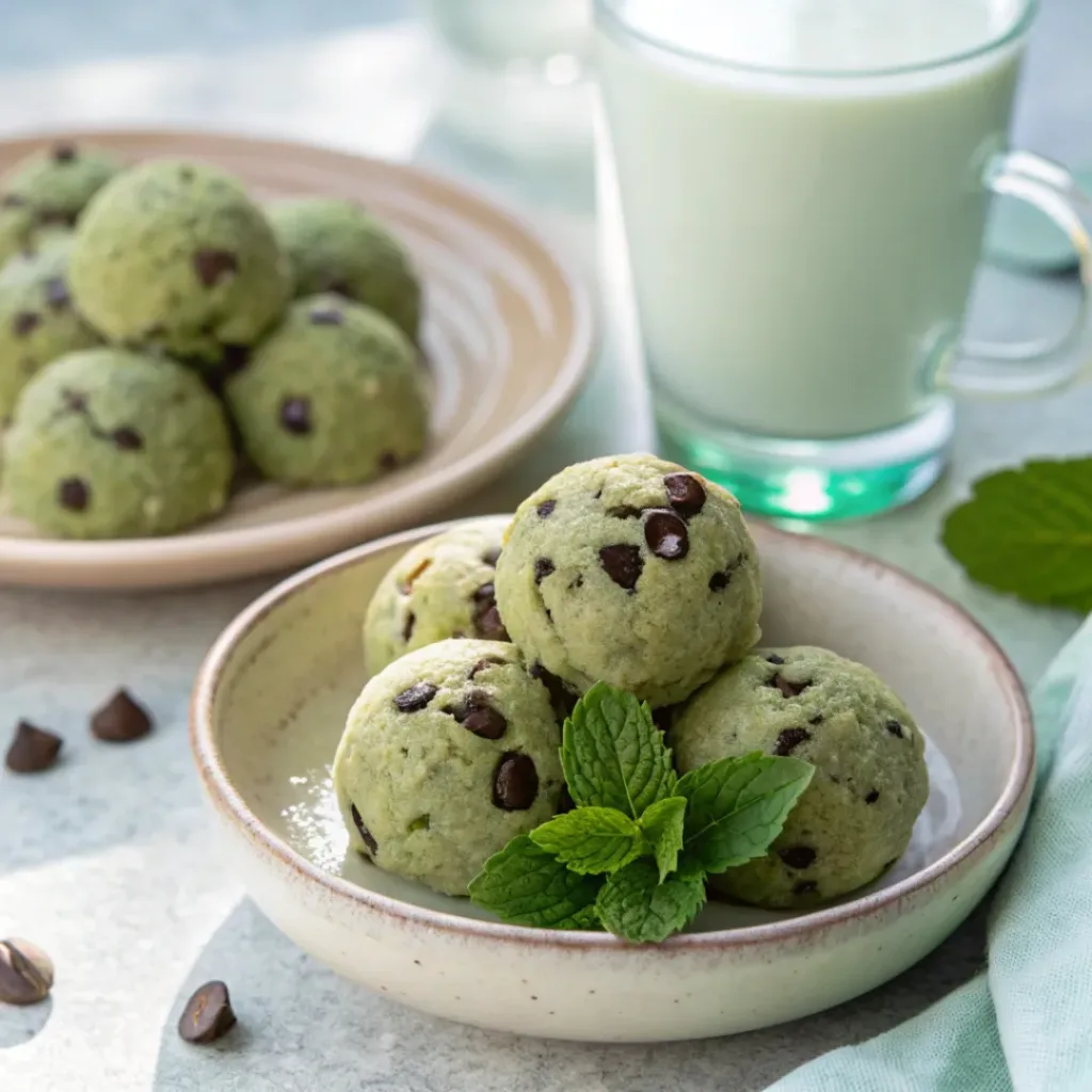 Mint Chocolate Chip Protein Balls served with a glass of almond milk