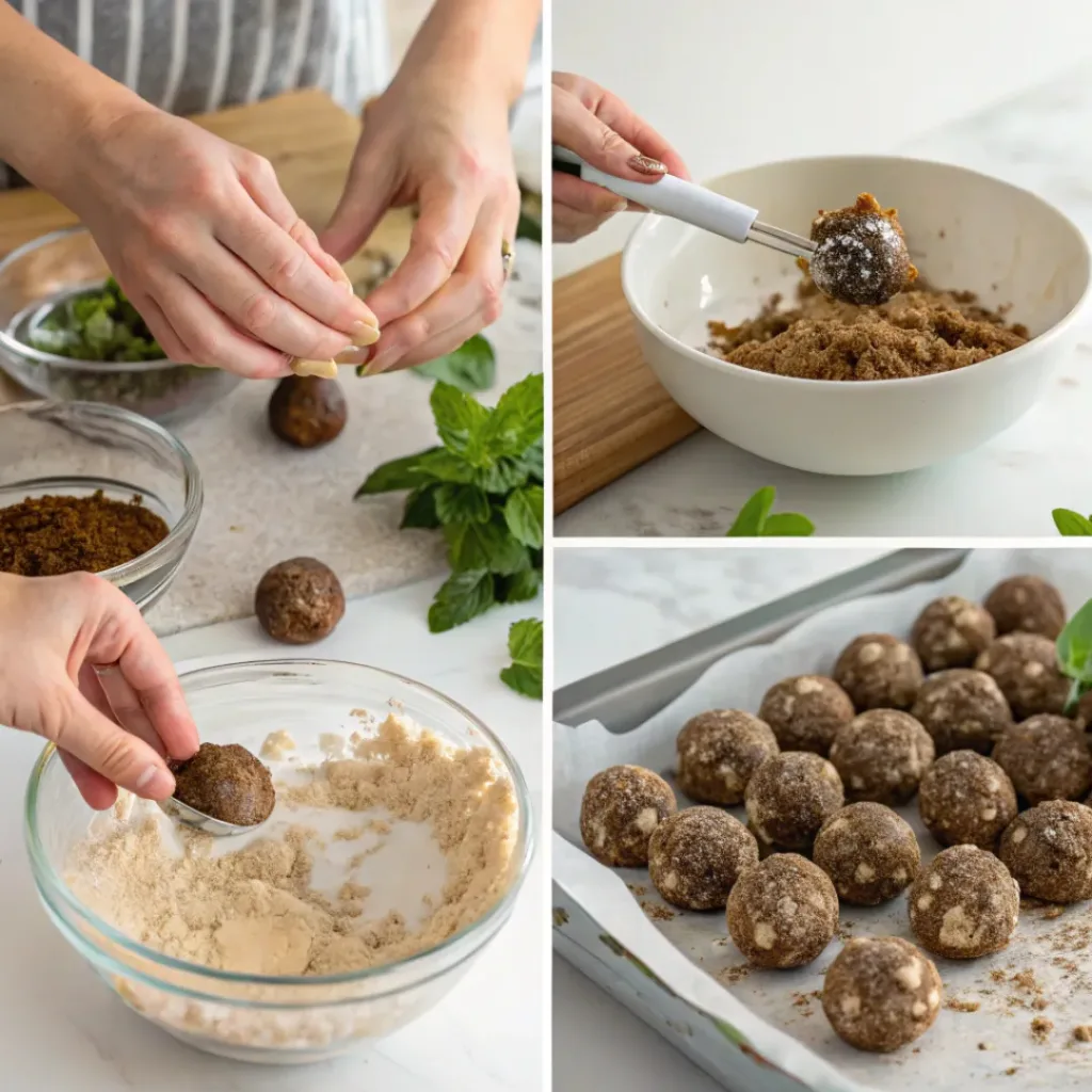 Collage showing steps to make Mint Chocolate Chip Protein Balls