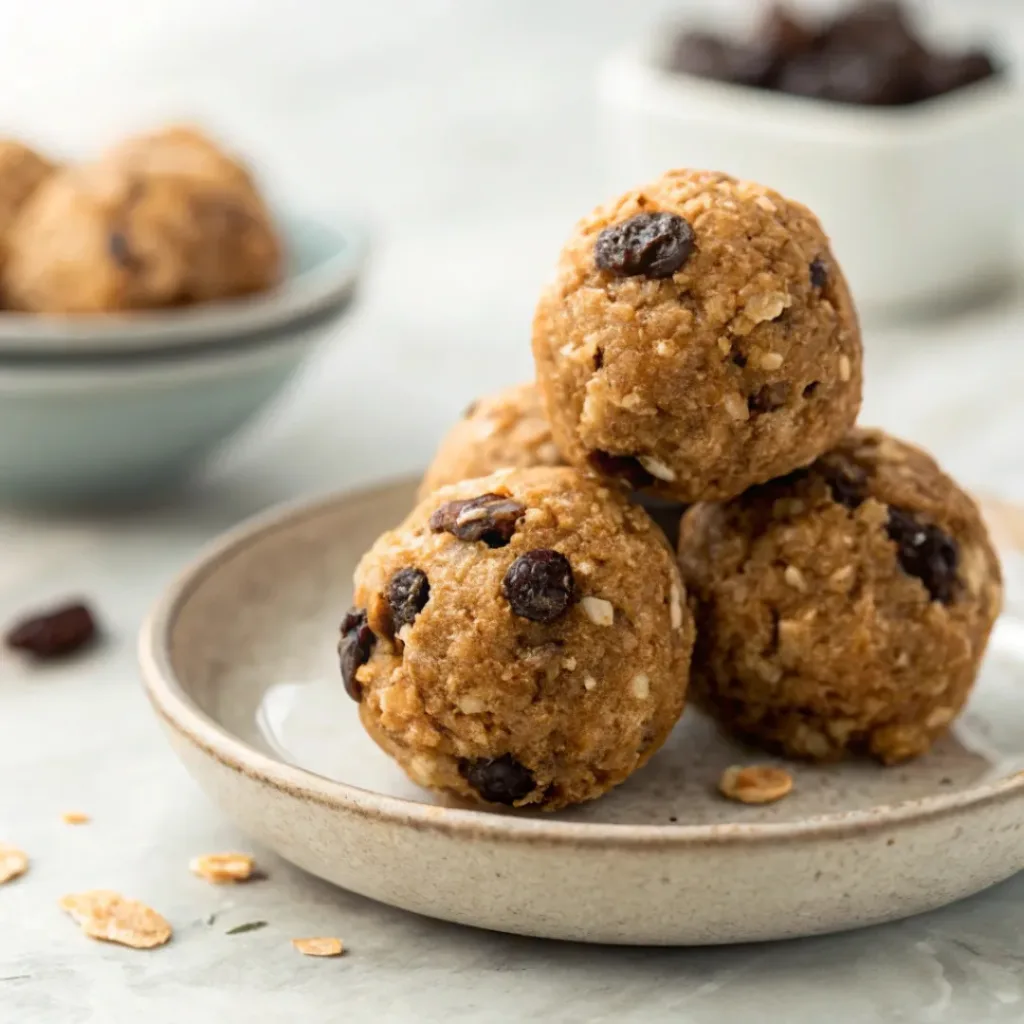 Close-up of oatmeal raisin protein balls showing oats and raisins