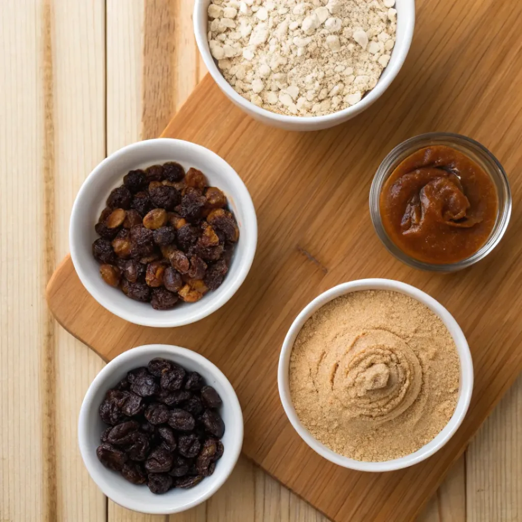 Flat lay of oats, raisins, protein powder, and peanut butter for protein balls
