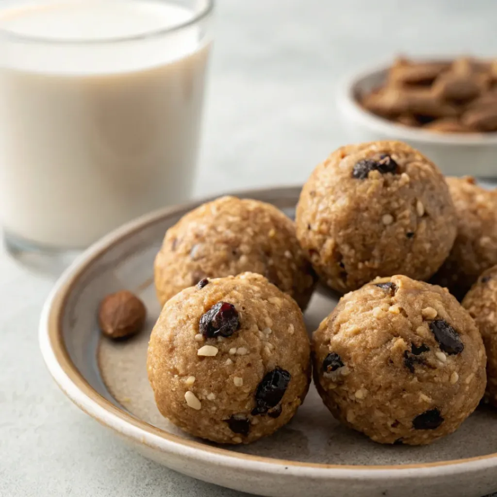 Plate of oatmeal raisin protein balls with almond milk on the side