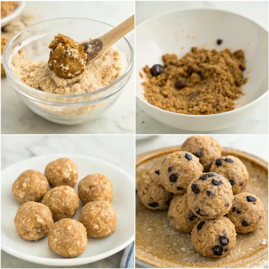 Step-by-step collage showing preparation of oatmeal raisin protein balls