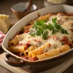 Baked five cheese ziti with golden melted cheese and marinara