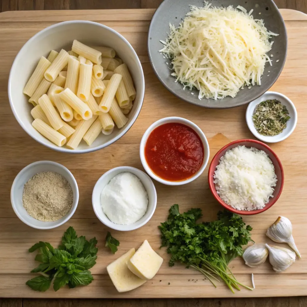 Creamy and Cheesy Olive Garden Five Cheese Ziti 6 Flat lay of ingredients for Olive Garden-style five cheese ziti