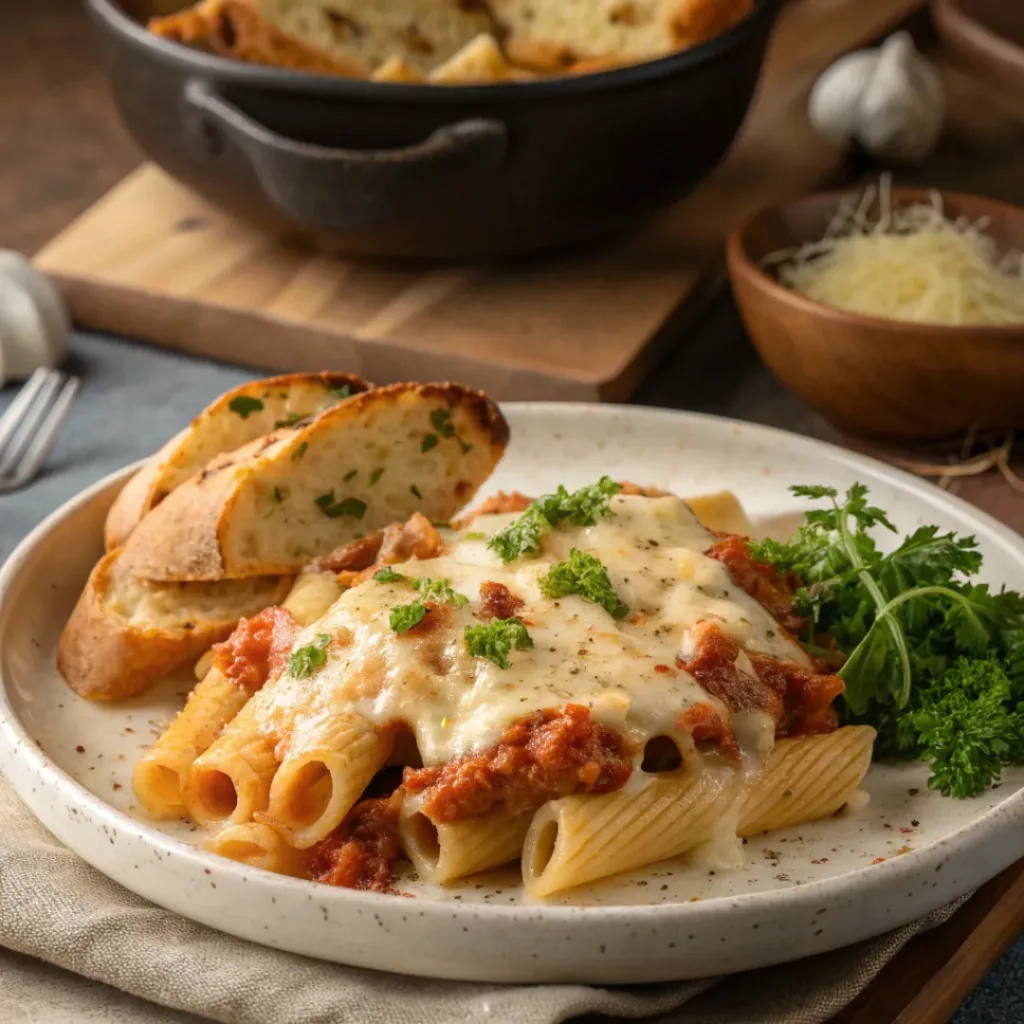 Creamy and Cheesy Olive Garden Five Cheese Ziti 8 Serving of creamy five cheese ziti with garlic bread and salad