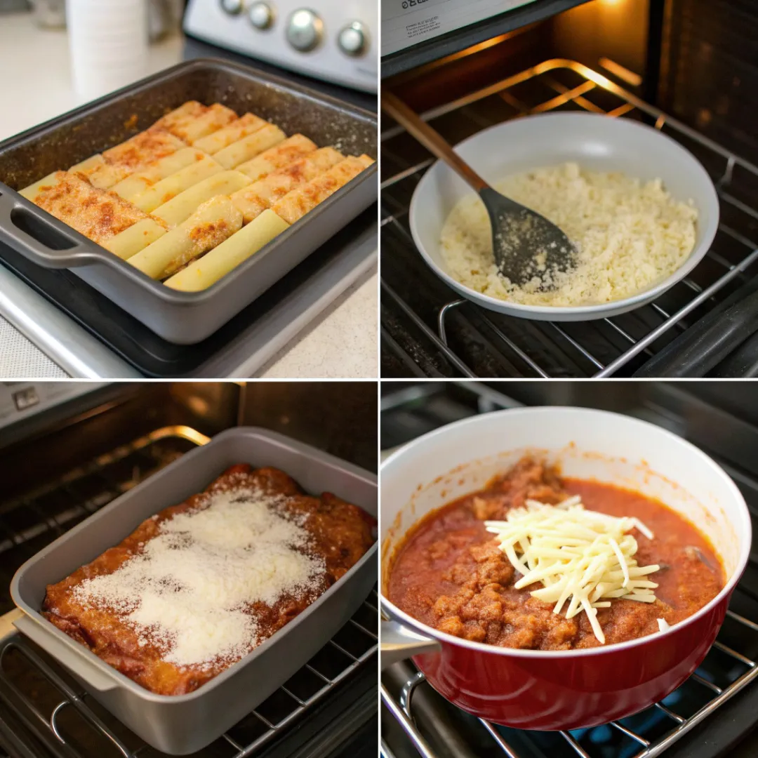 Creamy and Cheesy Olive Garden Five Cheese Ziti 7 Step-by-step collage for preparing baked five cheese ziti