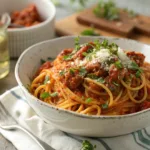 Bowl of one-pot spaghetti with sauce and herbs