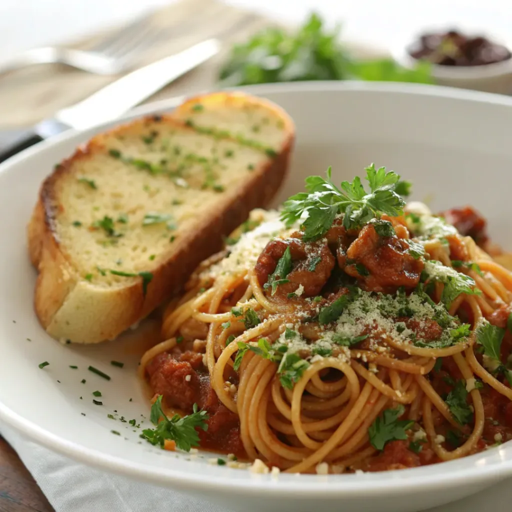 One-Pot Spaghetti served with garlic bread and fresh herbs