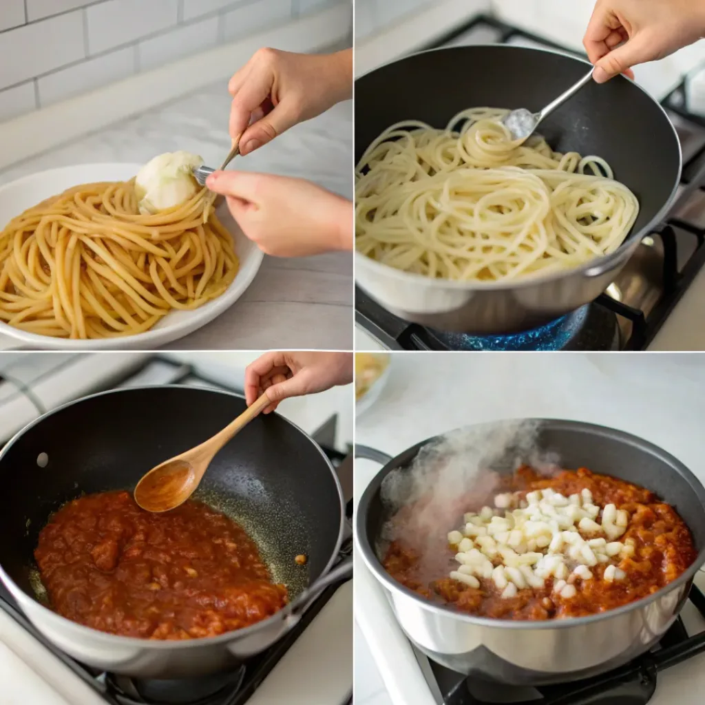 Collage showing steps to make One-Pot Spaghetti