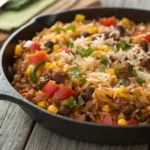 Skillet of One-Pot Taco Rice with vegetables and melted cheese