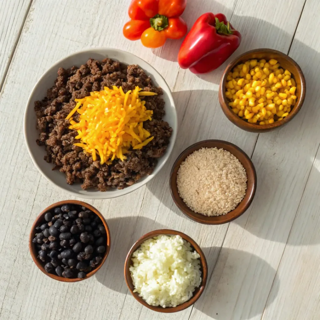 Flat lay of One-Pot Taco Rice ingredients