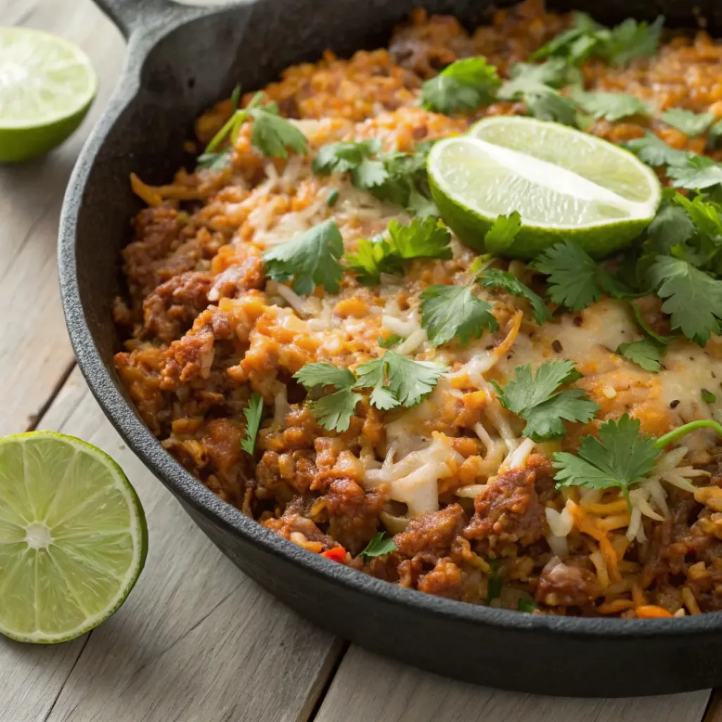 Served One-Pot Taco Rice in skillet with garnishes