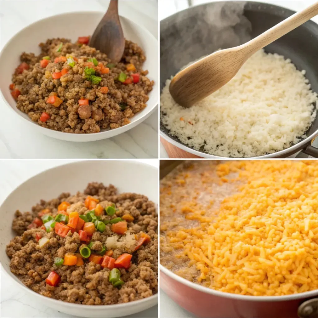 Collage of making One-Pot Taco Rice