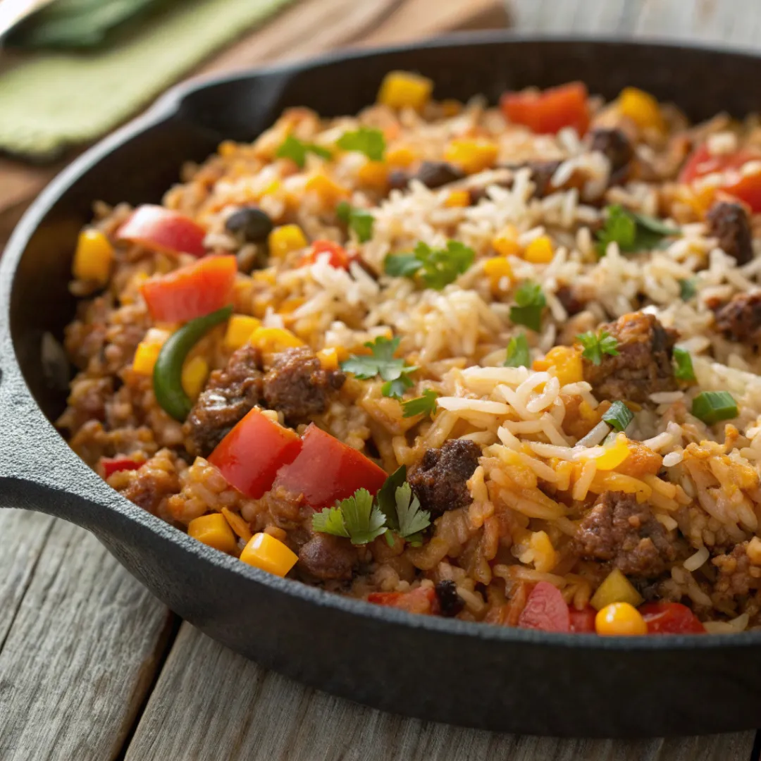 Skillet of One-Pot Taco Rice with vegetables and melted cheese