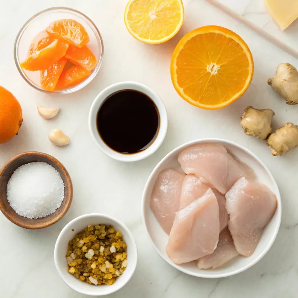 Flat lay of chicken, orange juice, soy sauce, garlic, and spices