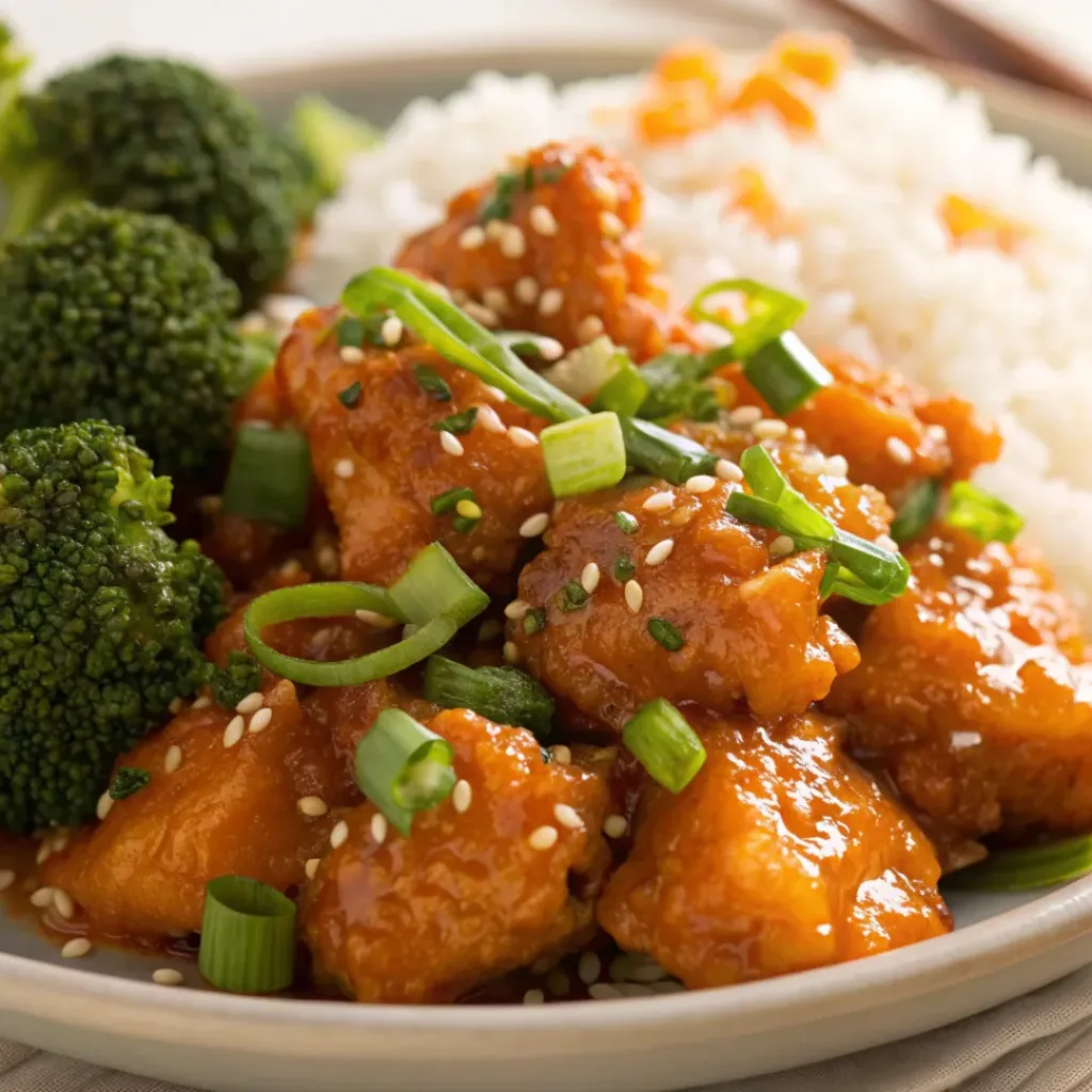 Orange Chicken served with steamed rice and broccoli