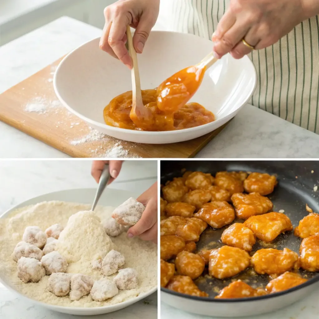 Collage showing steps to make Orange Chicken