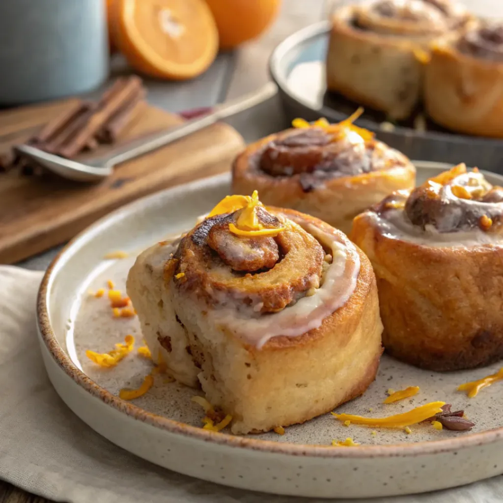 Served Orange Cinnamon Rolls on rustic plate
