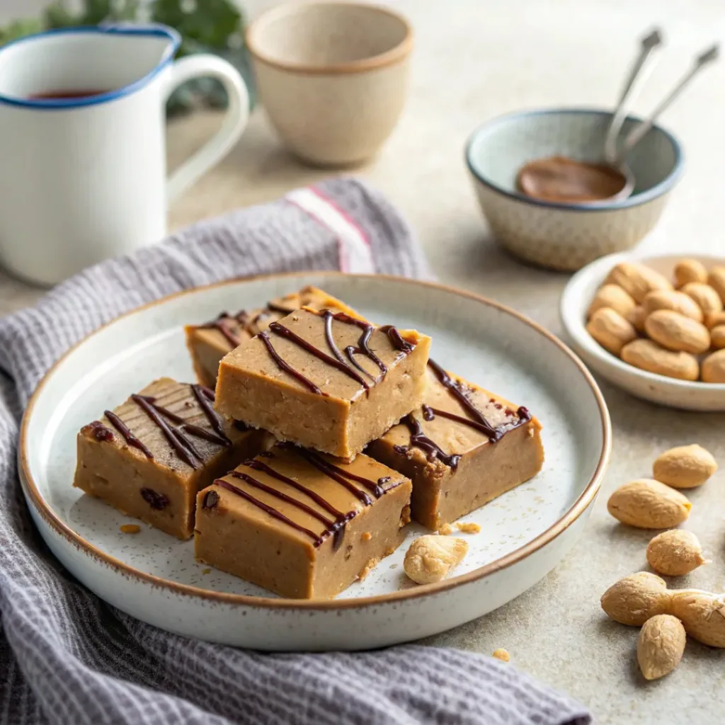 Peanut Butter Fudge – Creamy, Rich, and Irresistible 8 Peanut butter fudge squares plated with chocolate drizzle and peanuts