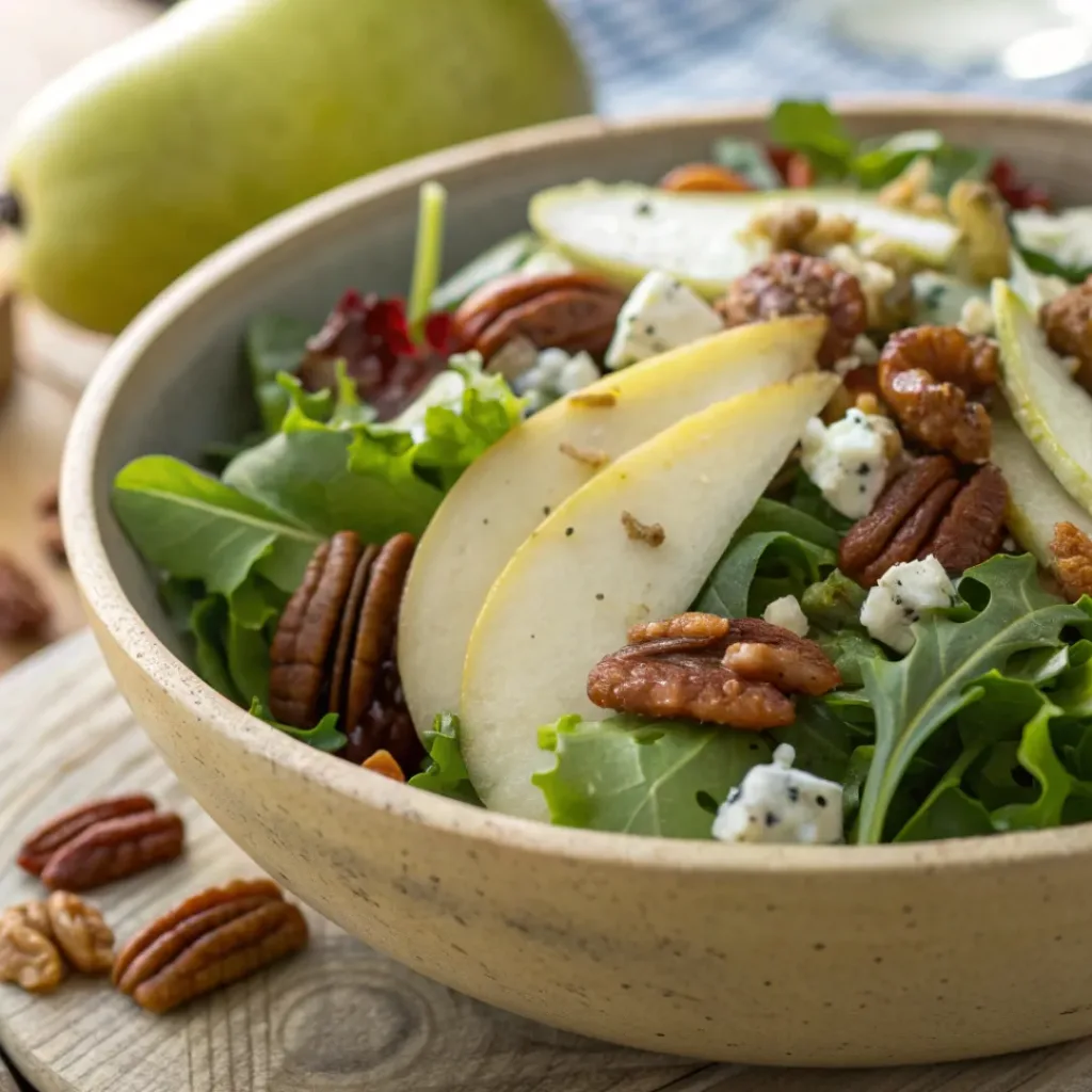 Fresh pear gorgonzola salad with candied pecans and vinaigrette